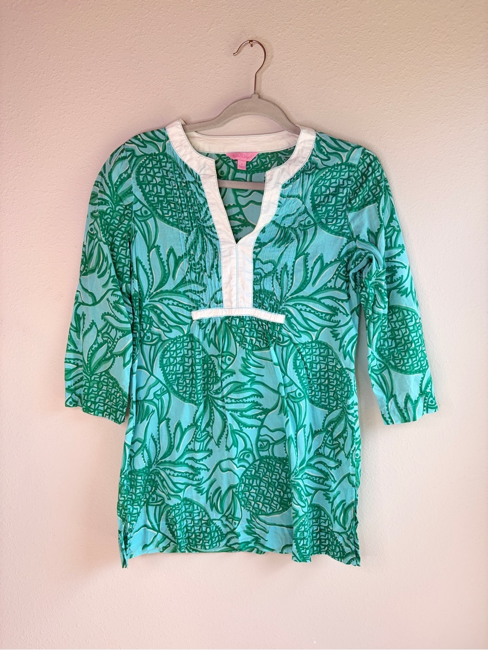 Lilly Pulitzer Cotton Green Pineapple Print Tunic Blouse Size S